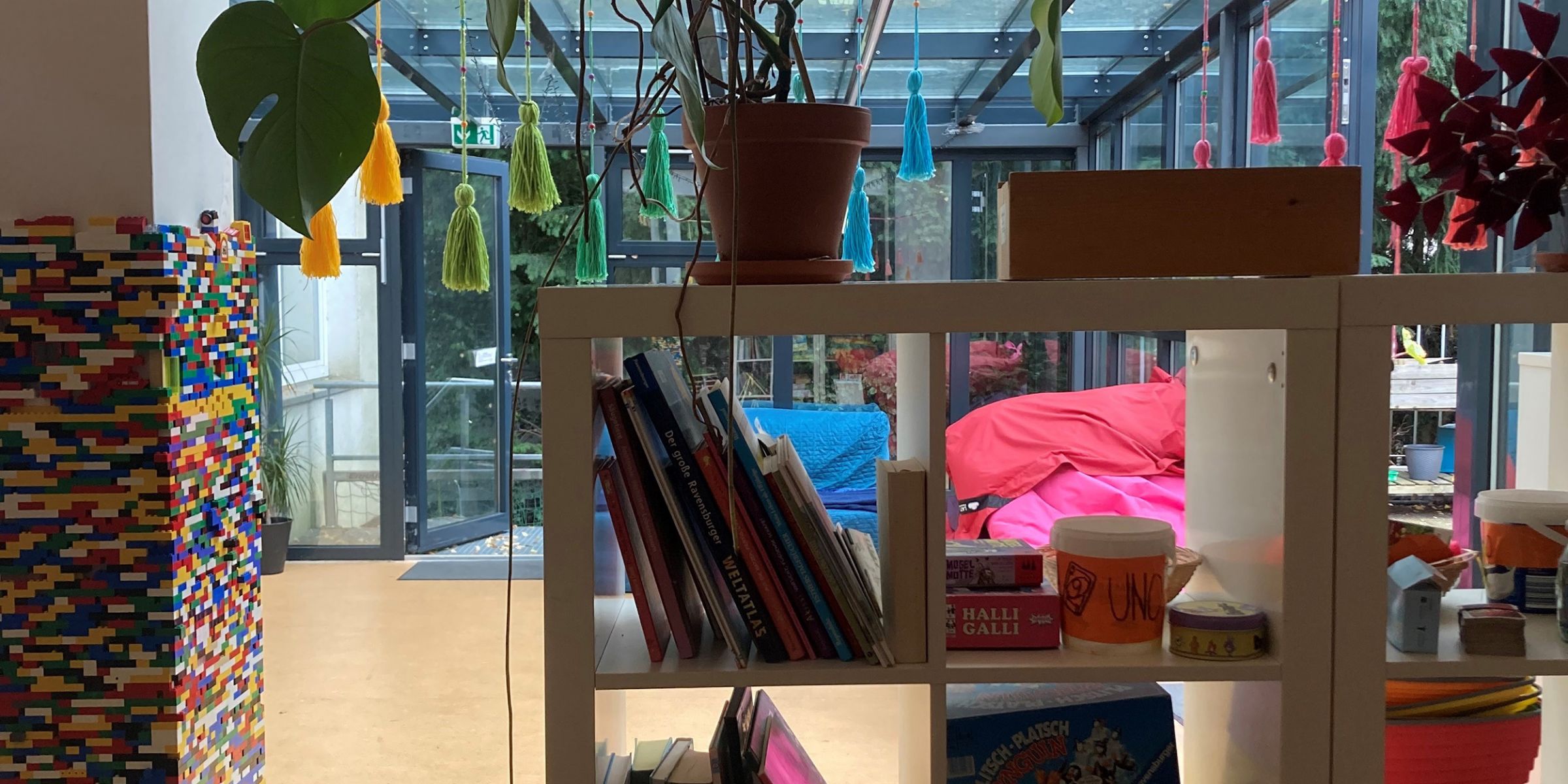 Ein Regal mit Büchern und Pflanzen neben einer bunten Wand