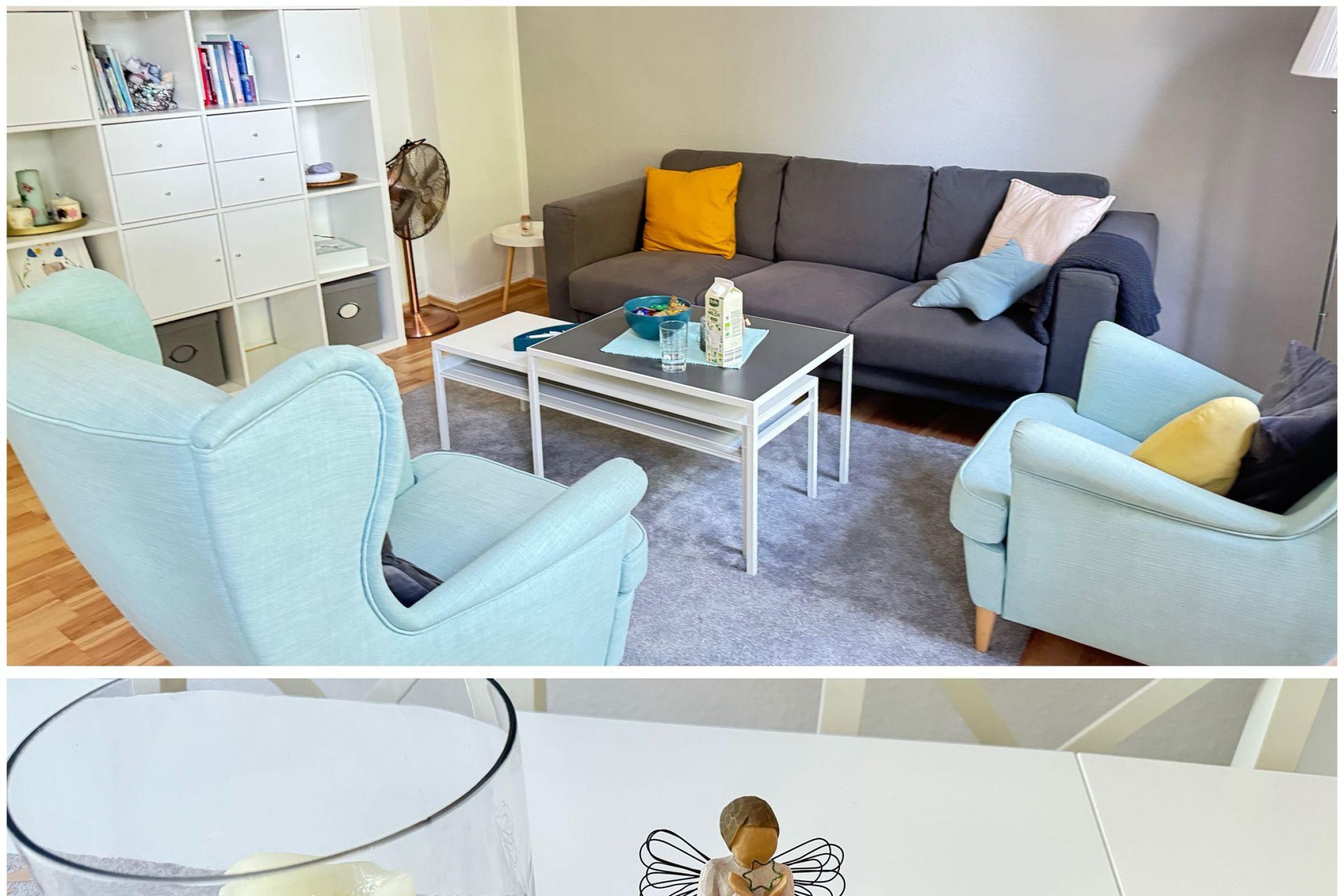 Nahaufnahme von Flyern und einer Sitzecke der Einrichtung