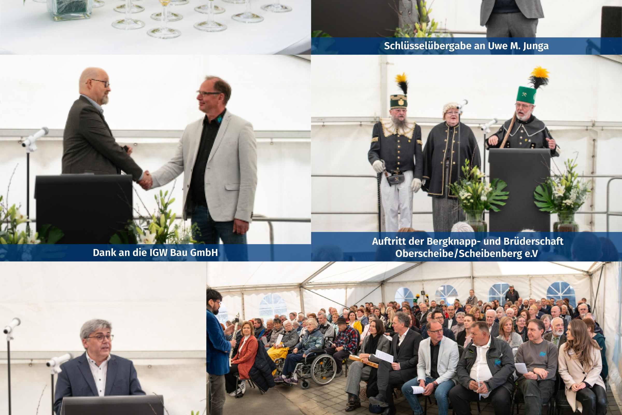 Foto-Collage der festlichen Eröffnung - Sektgläser, Bühne, Festredner