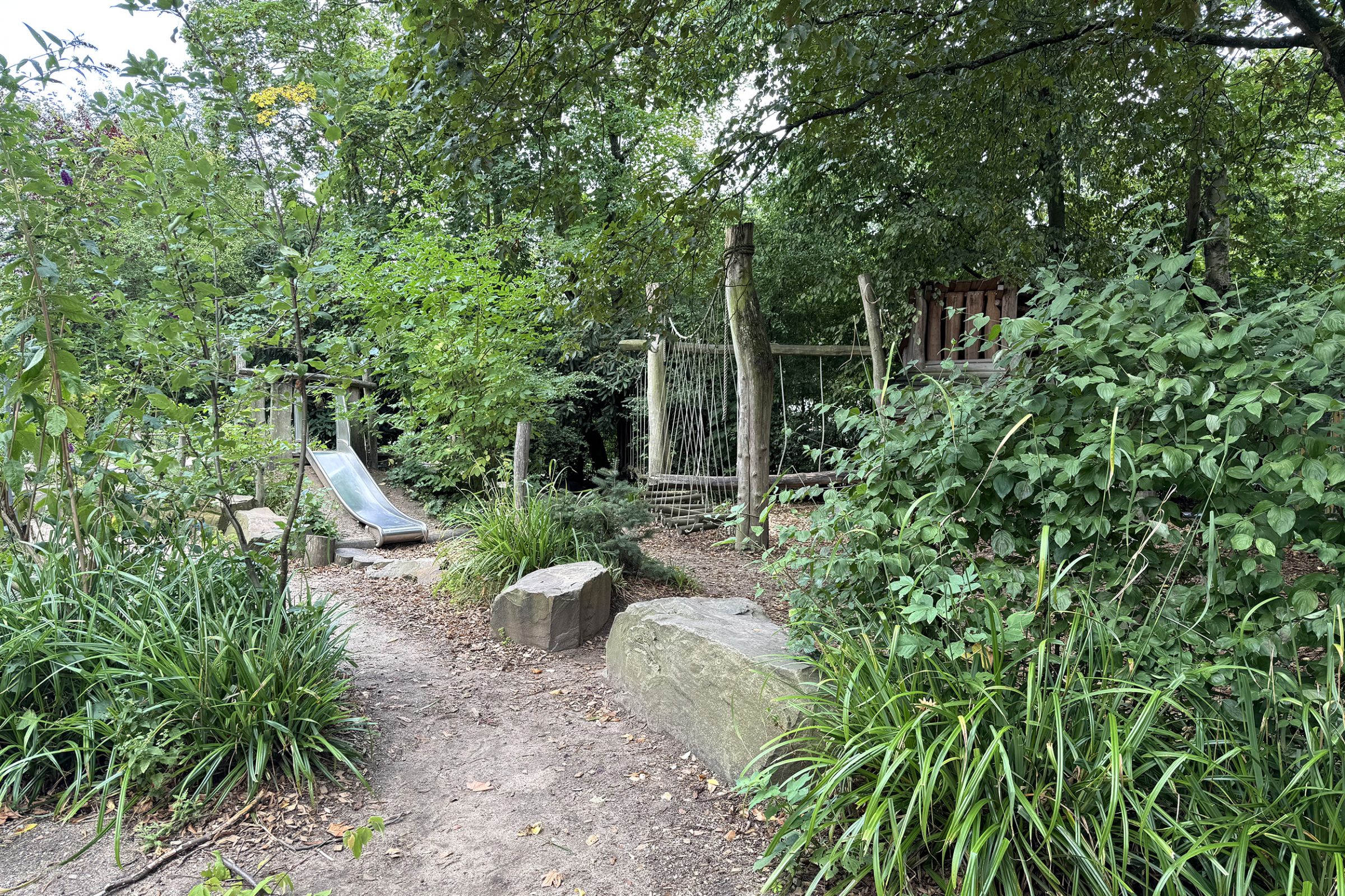 Das grüne Außengelände der Kita Arche Kunterbunt mit Rutsche und Klettergerüst aus Holz