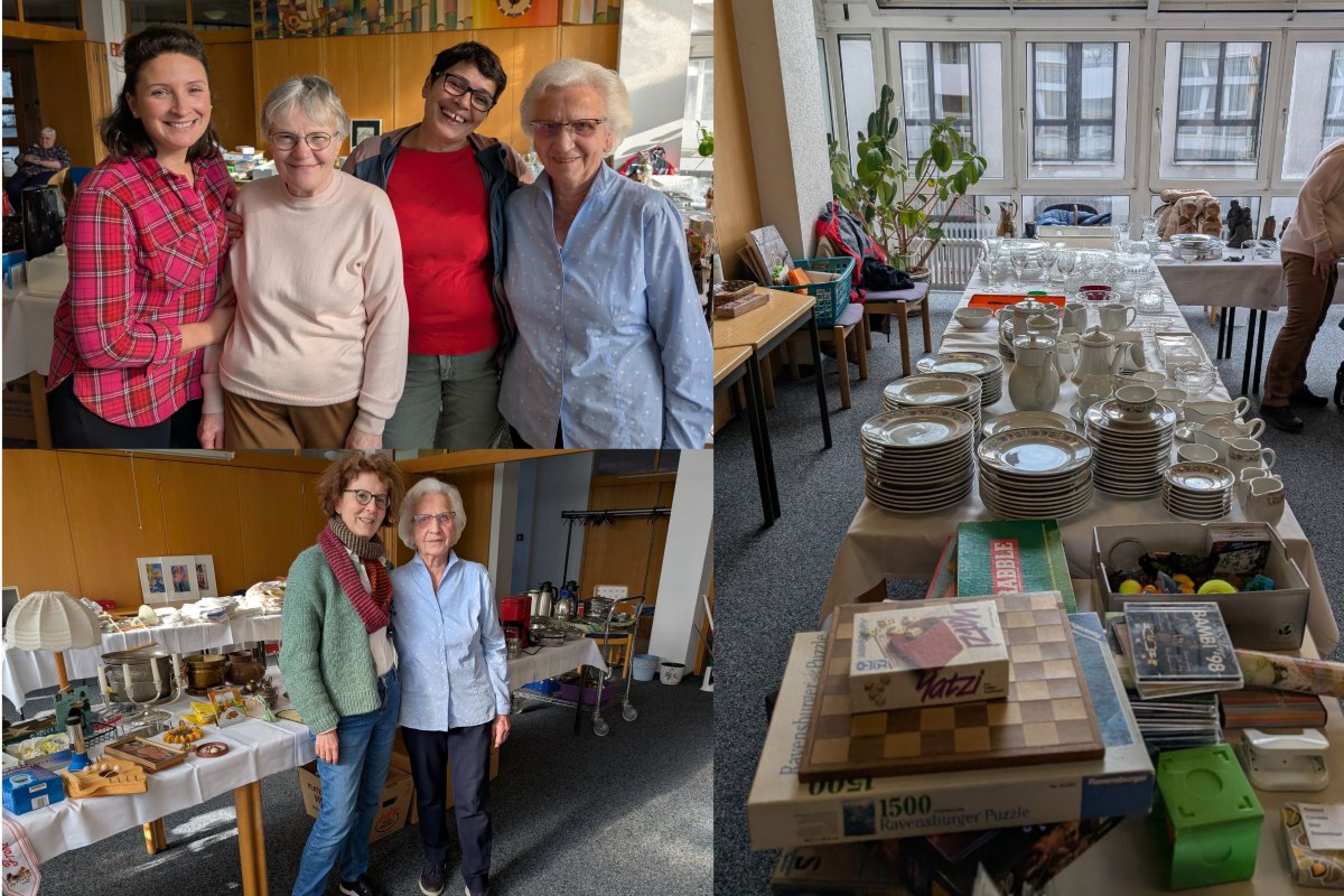 Eine Bildcollage mit Fotos von Mitarbeiterinnen vor Flohmarktständen