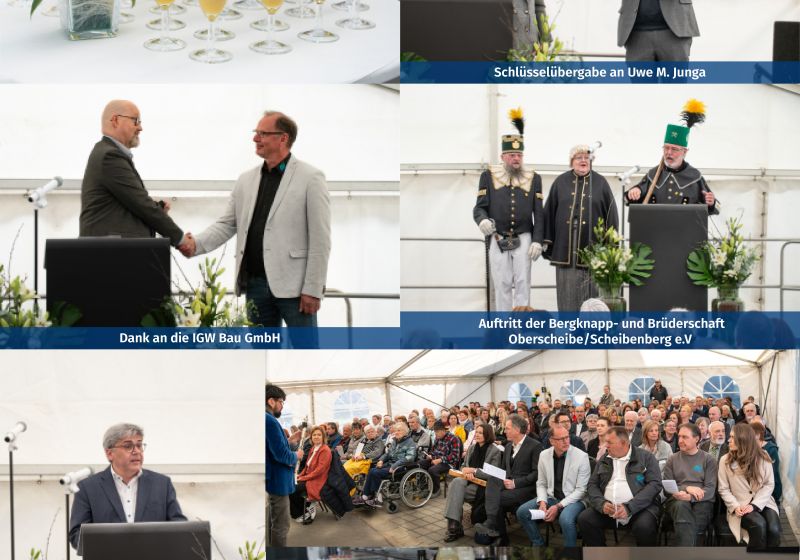 Foto-Collage der festlichen Eröffnung - Sektgläser, Bühne, Festredner