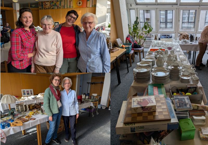 Eine Bildcollage mit Fotos von Mitarbeiterinnen vor Flohmarktständen