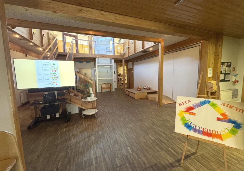 Der freundliche und helle Eingangsbereich der Kita Arche Kunterbunt in Monheim mit Parkett und Holzdecke
