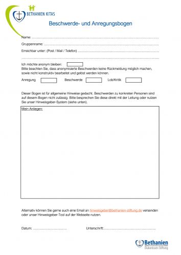 Dies ist ein Anrege- und Beschwerdebogen der Kita. 